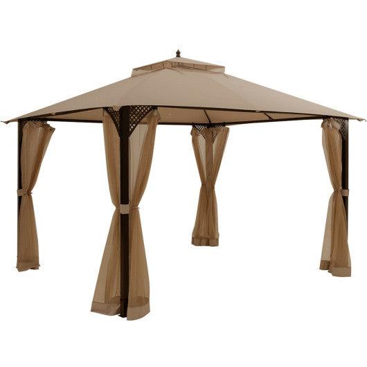 12 x 10 Feet Outdoor Double Top Patio Gazebo with Netting-Brown at Set Shop and Smile