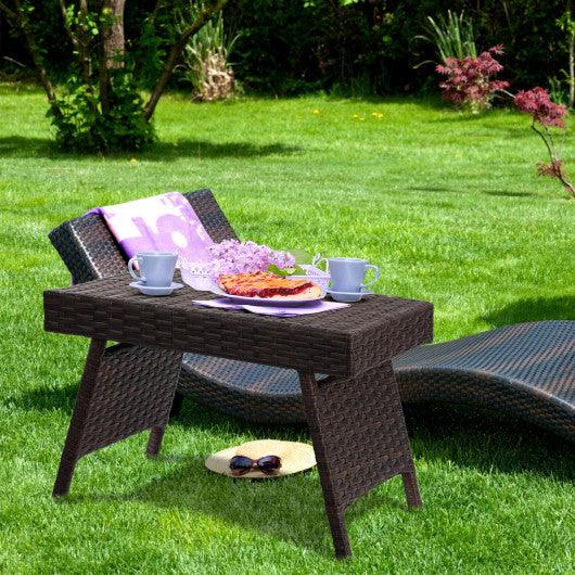 Folding PE Rattan Side Coffee Table Patio Garden Furniture-Brown at Set Shop and Smile