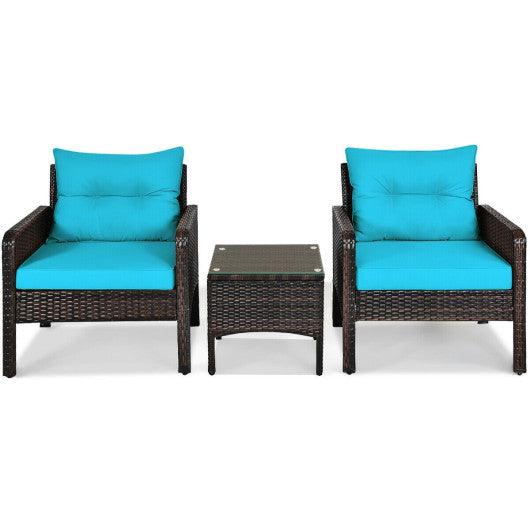 3 Pcs Outdoor Patio Rattan Conversation Set with Seat Cushions-Turquoise at Set Shop and Smile