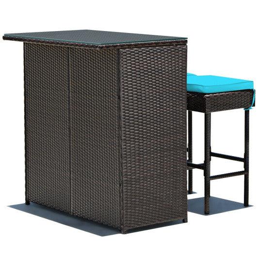 3PCS Patio Rattan Wicker Bar Table Stools Dining Set-Turquoise at Set Shop and Smile