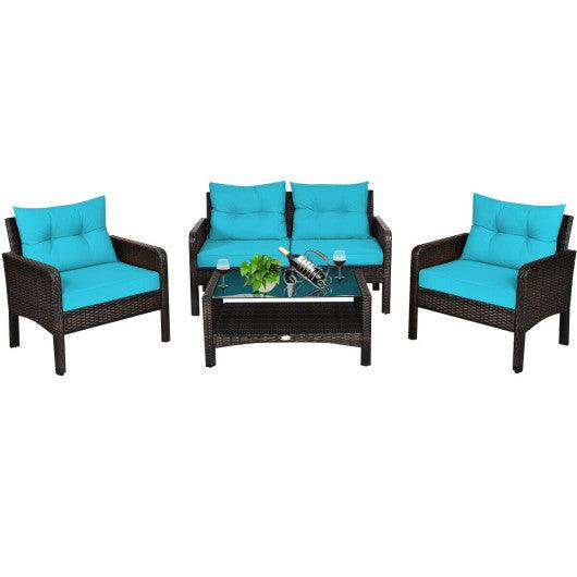 4 Pieces Outdoor Rattan Wicker Loveseat Furniture Set with Cushions-Turquoise at Set Shop and Smile