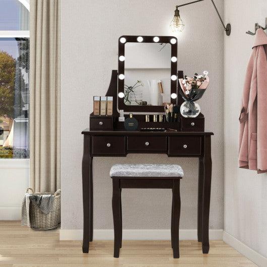 Vanity Dressing Table Set with 10 Dimmable Bulbs and Cushioned Stool-Brown at Set Shop and Smile