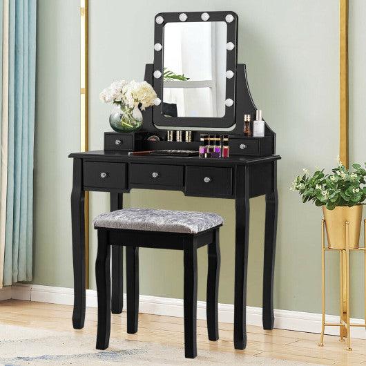 Vanity Dressing Table Set with 10 Dimmable Bulbs and Cushioned Stool-Black at Set Shop and Smile