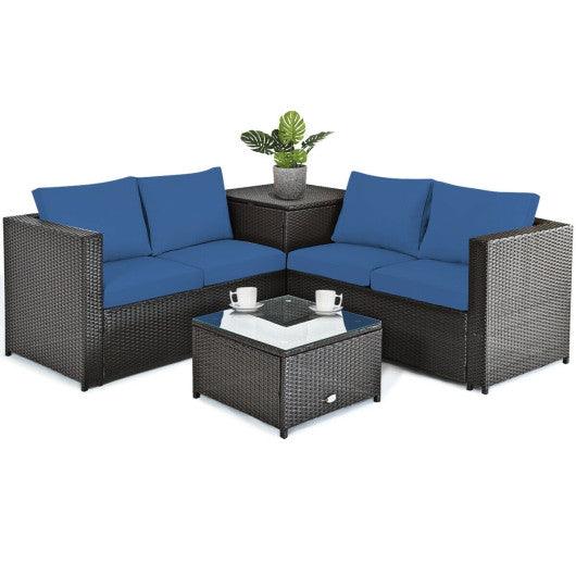 4 Pieces Outdoor Patio Rattan Furniture Set with Cushioned Loveseat and Storage Box-Navy at Set Shop and Smile