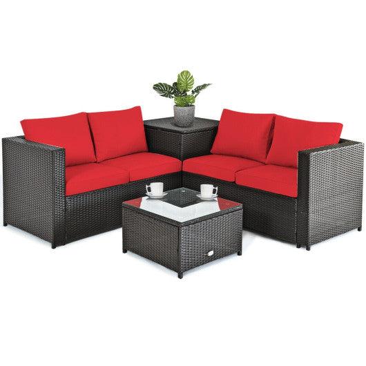 4 Pieces Outdoor Patio Rattan Furniture Set with Cushioned Loveseat and Storage Box-Red at Set Shop and Smile