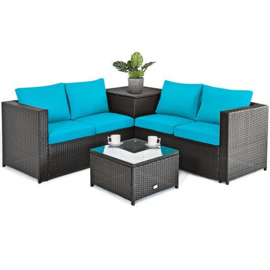 4 Pieces Outdoor Patio Rattan Furniture Set with Cushioned Loveseat and Storage Box-Turquoise at Set Shop and Smile