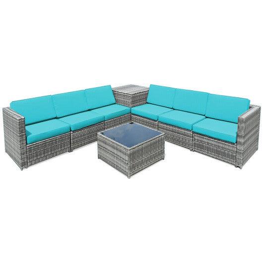 8 Piece Wicker Sofa Rattan Dinning Set Patio Furniture with Storage Table-Turquoise at Set Shop and Smile