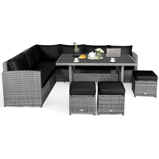 7 Pieces Patio Rattan Dining Furniture Sectional Sofa Set with Wicker Ottoman-Black at Set Shop and Smile