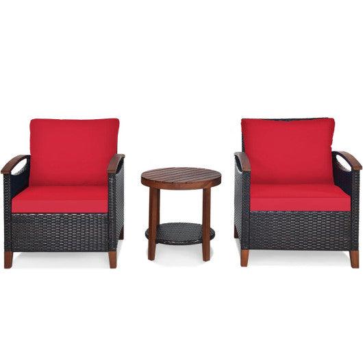 3 Pieces Patio Rattan Furniture Set with Washable Cushion and Acacia Wood Tabletop-Red at Set Shop and Smile