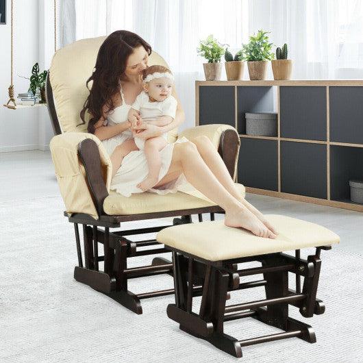 Wood Glider and Ottoman Set with Padded Armrests and Detachable Cushion-Beige at Set Shop and Smile