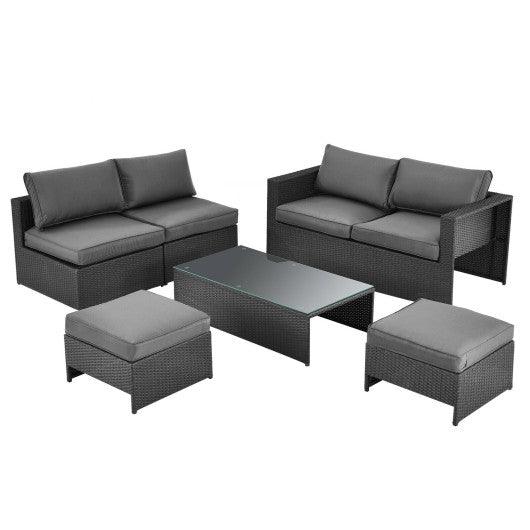 6 Pieces Patio Rattan Furniture Set with Glass Table and Cushioned Seat-Gray at Set Shop and Smile