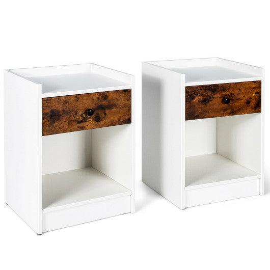 Set of 2 Nightstand with Drawer Cabinet End Side Table Raised Top-White at Set Shop and Smile