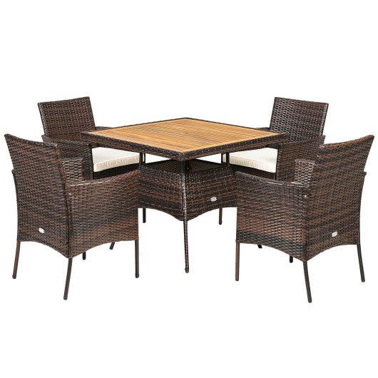 5 Pieces Patio Rattan Dining Furniture Set with Arm Chair and Wooden Table Top at Set Shop and Smile