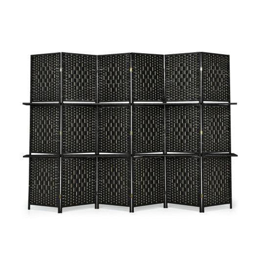 6 Panel Folding Weave Fiber Room Divider with 2 Display Shelves -Black at Set Shop and Smile