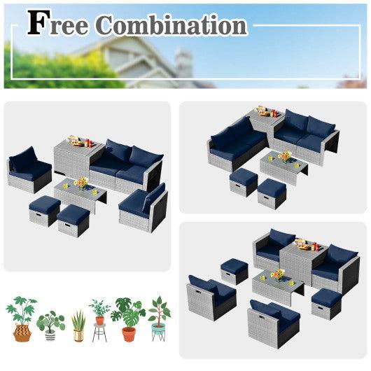 8 Pieces Patio Rattan Furniture Set with Storage Waterproof Cover and Cushion-Navy at Set Shop and Smile