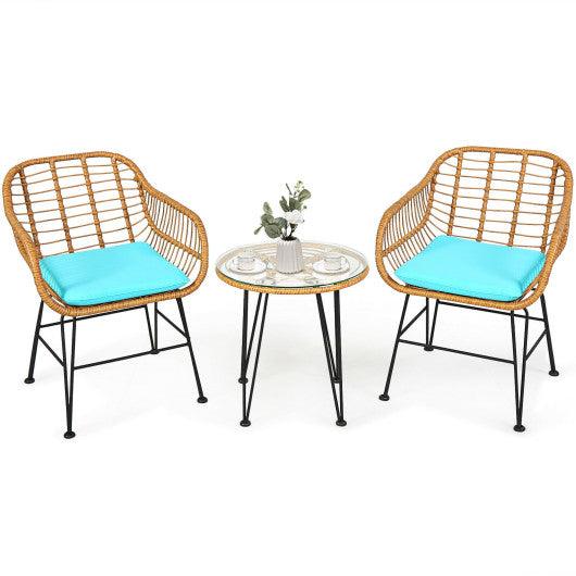 3 Pieces Rattan Furniture Set with Cushioned Chair Table-Turquoise at Set Shop and Smile