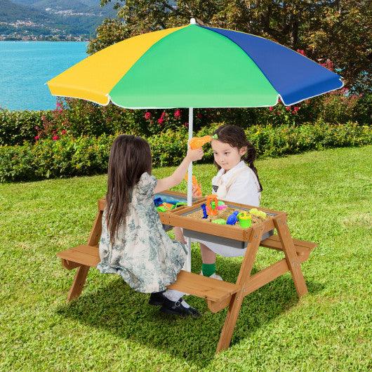 3-in-1 Kids Outdoor Picnic Water Sand Table with Umbrella Play Boxes-Yellow at Set Shop and Smile