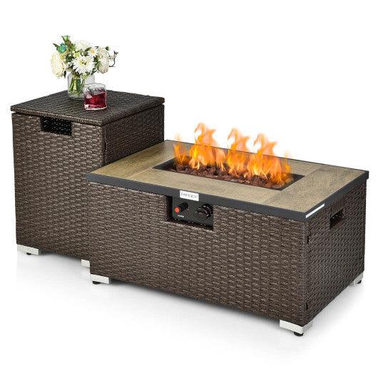 32 x 20 Inch Propane Rattan Fire Pit Table Set with Side Table Tank and Cover-Brown at Set Shop and Smile