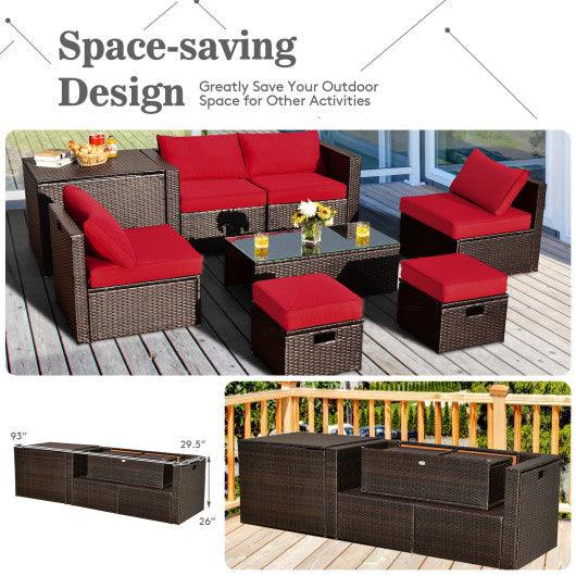 8 Pieces Patio Space-Saving Rattan Furniture Set with Storage Box and Waterproof Cover-Red at Set Shop and Smile
