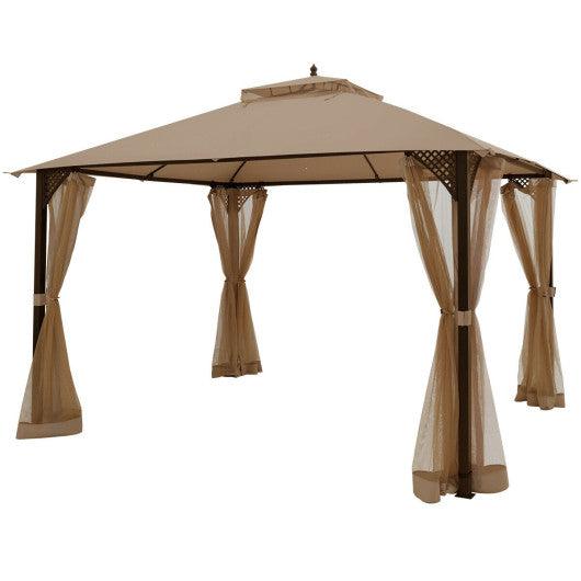 12 x 10 Feet Outdoor Double Top Patio Gazebo with Netting-Brown at Set Shop and Smile
