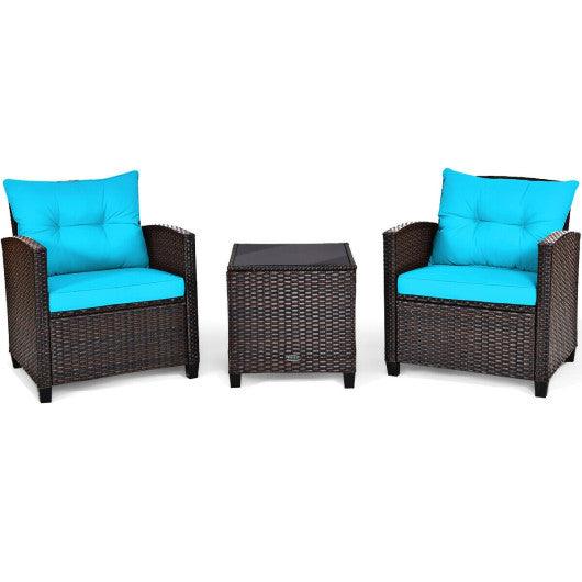 3 Pcs Patio Rattan Furniture Set Cushioned Conversation Set Coffee Table-Turquoise at Set Shop and Smile