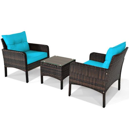 3 Pcs Outdoor Patio Rattan Conversation Set with Seat Cushions-Turquoise at Set Shop and Smile