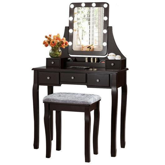 Vanity Dressing Table Set with 10 Dimmable Bulbs and Cushioned Stool-Brown at Set Shop and Smile