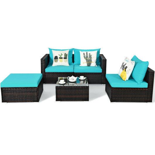5 Pieces Patio Rattan Furniture Set with Coffee Table-Turquoise at Set Shop and Smile