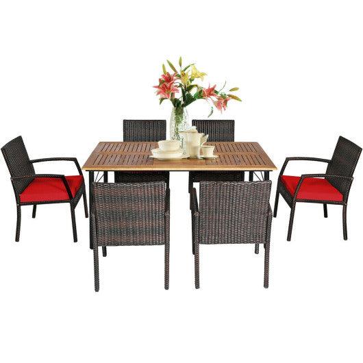 7Pcs Patio Rattan Cushioned Dining Set with Umbrella Hole-Red at Set Shop and Smile