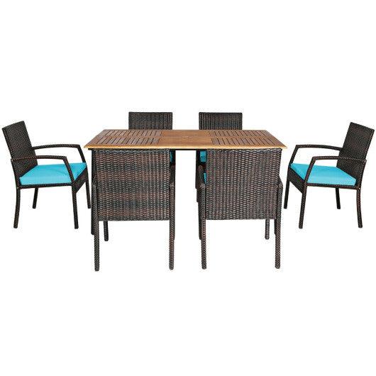 7Pcs Patio Rattan Cushioned Dining Set with Umbrella Hole-Turquoise at Set Shop and Smile