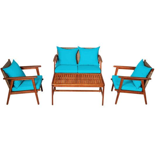4 Pieces Acacia Wood Patio Rattan Furniture Set-Turquoise at Set Shop and Smile