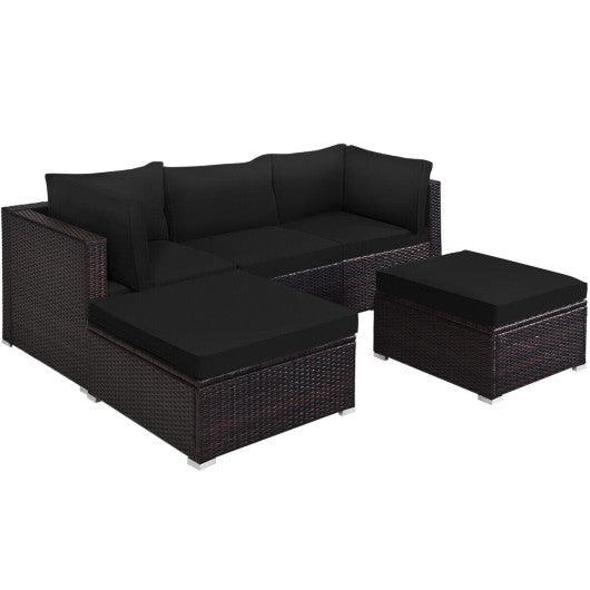5 Pieces Patio Sectional Rattan Furniture Set with Ottoman Table-Black at Set Shop and Smile