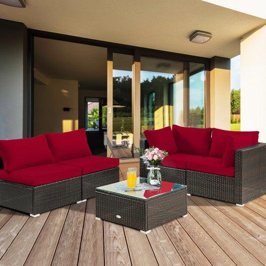 5 Pieces Cushioned Patio Rattan Furniture Set with Glass Table-Red at Set Shop and Smile