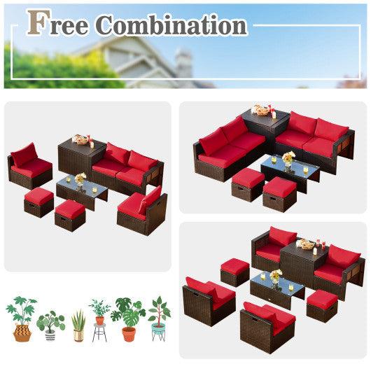 8 Pieces Patio Space-Saving Rattan Furniture Set with Storage Box and Waterproof Cover-Red at Set Shop and Smile