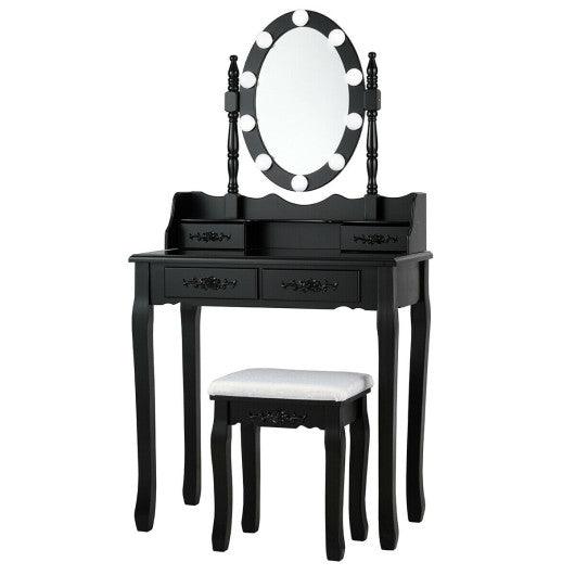 Makeup Dressing Table with Touch Switch Lighted Mirror and Cushioned Stool-Black at Set Shop and Smile