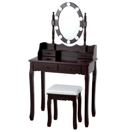 Makeup Dressing Table with Touch Switch Lighted Mirror and Cushioned Stool-Brown at Set Shop and Smile
