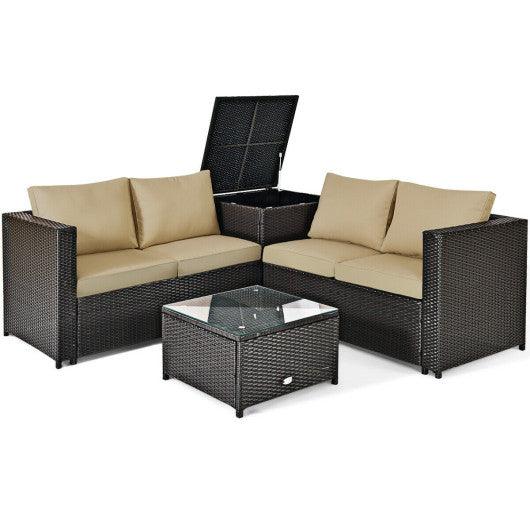 4 Pieces Outdoor Patio Rattan Furniture Set with Cushioned Loveseat and Storage Box-Brown at Set Shop and Smile