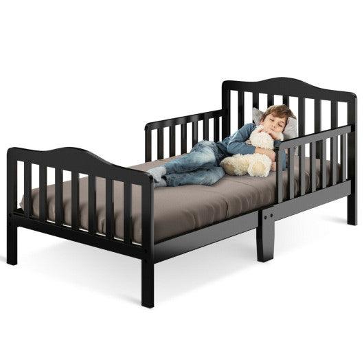 Classic Design Kids Wood Toddler Bed Frame with Two Side Safety Guardrails-Black at Set Shop and Smile