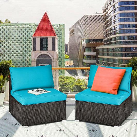 2 Pieces Patio Rattan Armless Sofa Set with 2 Cushions and 2 Pillows-Blue at Set Shop and Smile