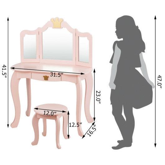 Kids Makeup Dressing Table with Tri-folding Mirror and Stool-Pink at Set Shop and Smile