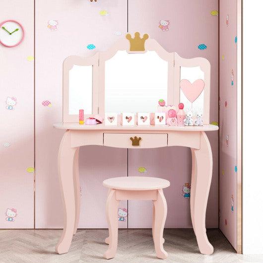 Kids Makeup Dressing Table with Tri-folding Mirror and Stool-Pink at Set Shop and Smile
