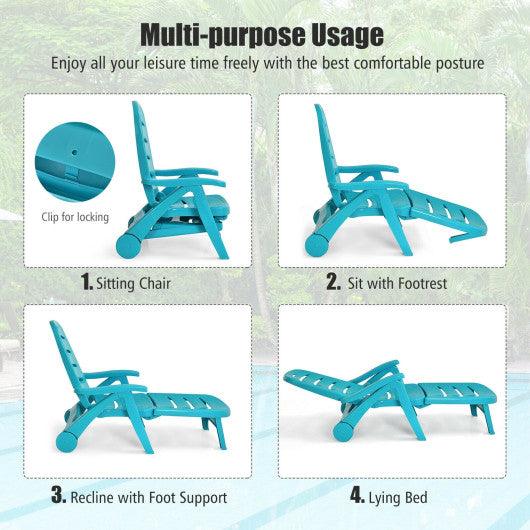 5 Position Adjustable Folding Lounger Chaise Chair on Wheels-Turquoise at Set Shop and Smile