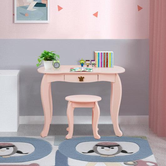 Kids Makeup Dressing Table with Tri-folding Mirror and Stool-Pink at Set Shop and Smile