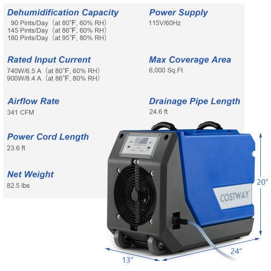 180 PPD Commercial Dehumidifier with Pump Drain Hose and Wheels-Blue at Set Shop and Smile