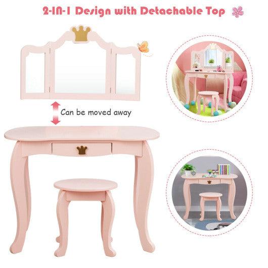 Kids Makeup Dressing Table with Tri-folding Mirror and Stool-Pink at Set Shop and Smile