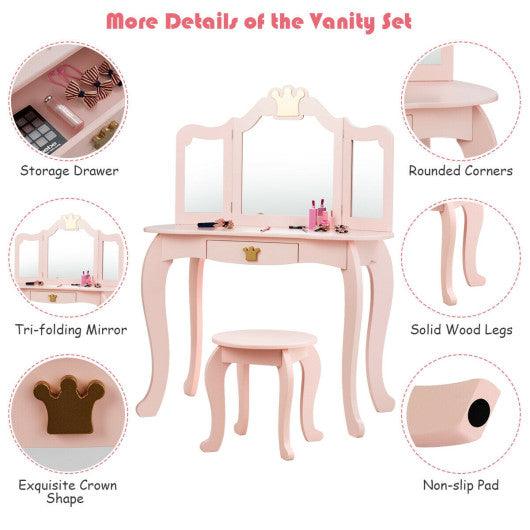 Kids Makeup Dressing Table with Tri-folding Mirror and Stool-Pink at Set Shop and Smile