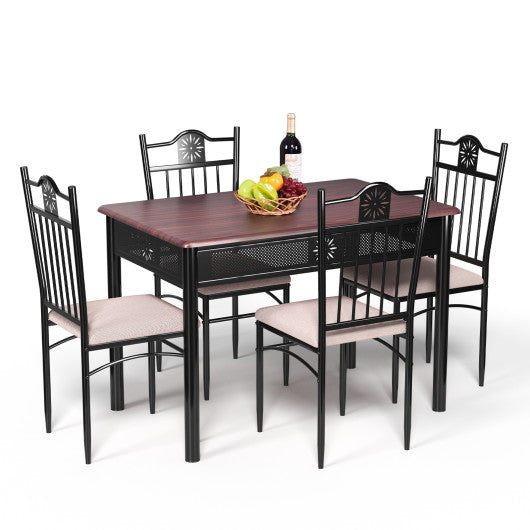 5 Pcs Dining Set Wood Metal Table and 4 Chairs with Cushions - Set Shop and Smile