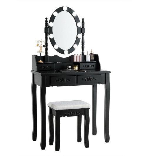 Makeup Dressing Table with Touch Switch Lighted Mirror and Cushioned Stool-Black at Set Shop and Smile