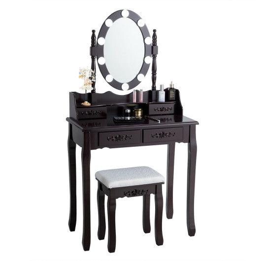 Makeup Dressing Table with Touch Switch Lighted Mirror and Cushioned Stool-Brown at Set Shop and Smile