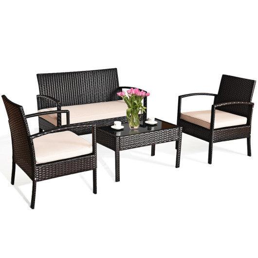 4 Pieces Patio Ratten Conversation Set with Loveseat Sofas and Coffee Table at Set Shop and Smile